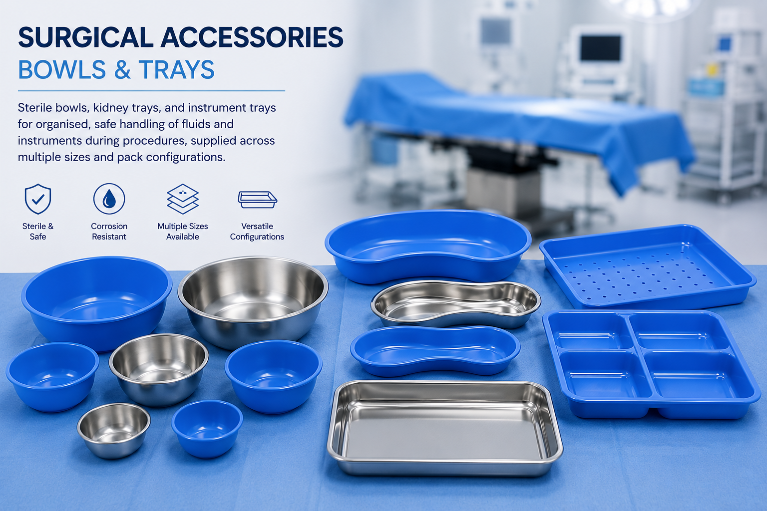 Sterile bowls, kidney trays and instrument trays